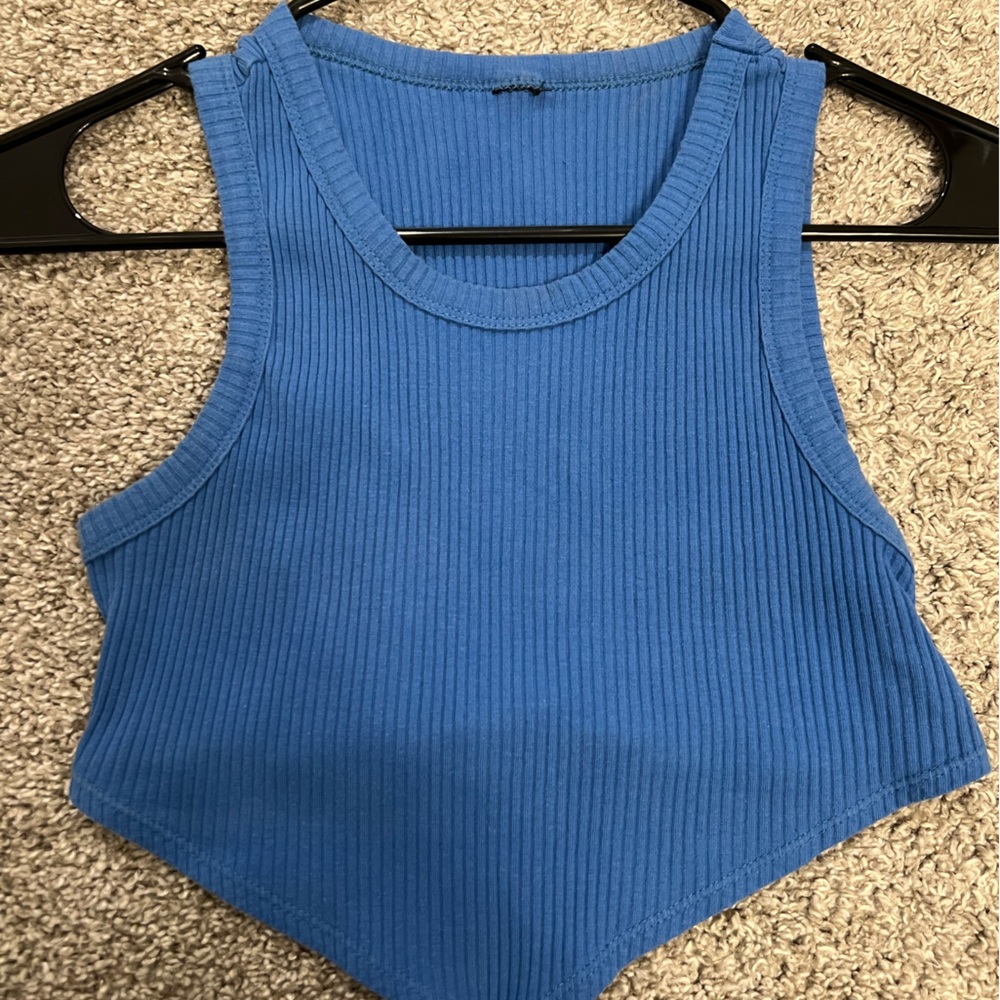 blue asymmetric hem crop top